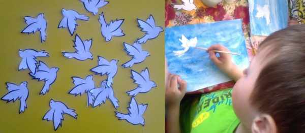 Шаблоны для рисования голубя, мальчик раскрашивает голубя