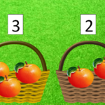 Коллаж: две корзинки с яблоками и цифрами