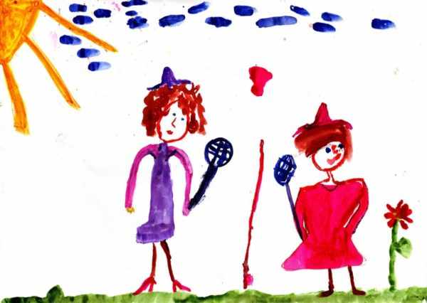 Детский рисунок: два человечка играют в теннис