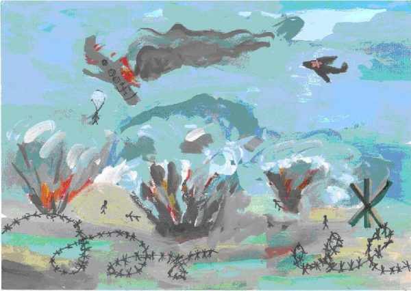 Рисунок войны с подбитым немецким самолётом