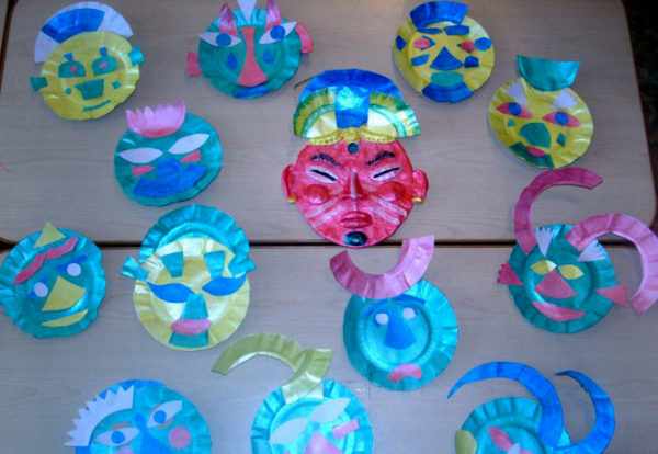 Весёлые маски из раскрашенных одноразовых тарелок