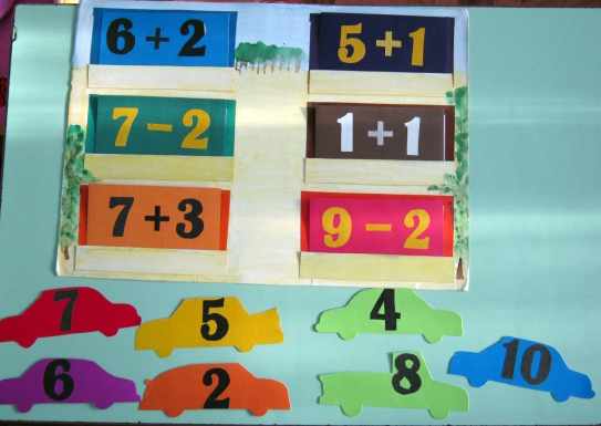 Карточки с математическими примерами и цветные машинки с цифрами