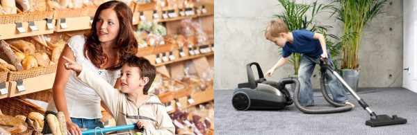 Мама с сыном делают покупки в супермаркете, мальчик пылесосит комнату