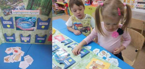 Игра Сортировка мусора, девочка распределяет карточки по группам