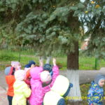 Дети стоят под большой елью и протягивают руки к иголкам