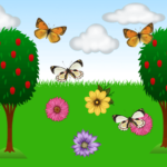 Коллаж из деревьев и бабочек на фоне пейзажа