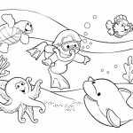 Раскраска Подводный мир с дельфином, осьминогом, водолазом