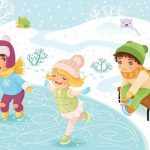 Анимационные дети катаются на замёрзшем пруду