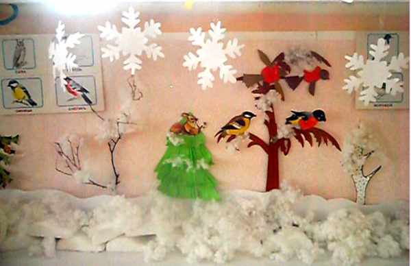 Зимний уголок с бумажными снежинками и снегом из ваты