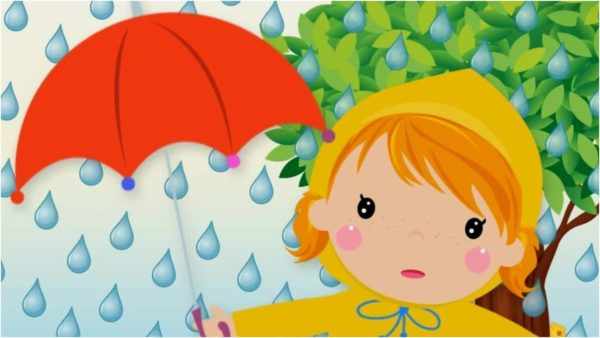 Анимационный ребёнок под зонтиком во время дождя