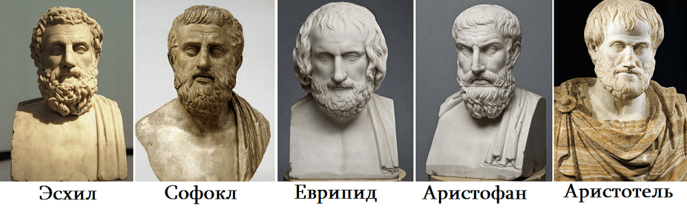 Эсхил, Софокл, Еврипид, Аристофан, Аристотель.