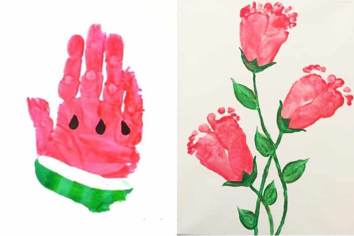 Кусочек арбуза и розы из отпечатков рук и ног