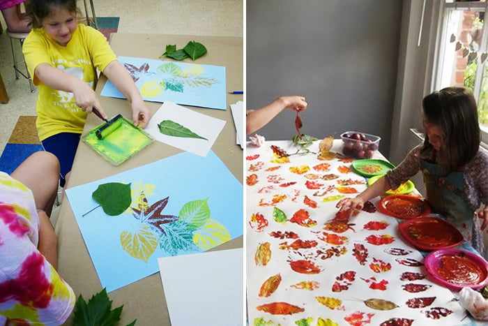 Дети рисуют отпечатками листьев