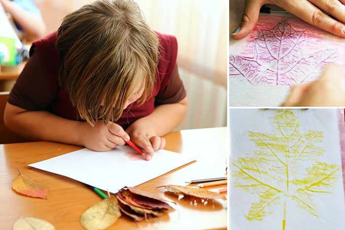Ребенок рисует листья в технике фроттаж