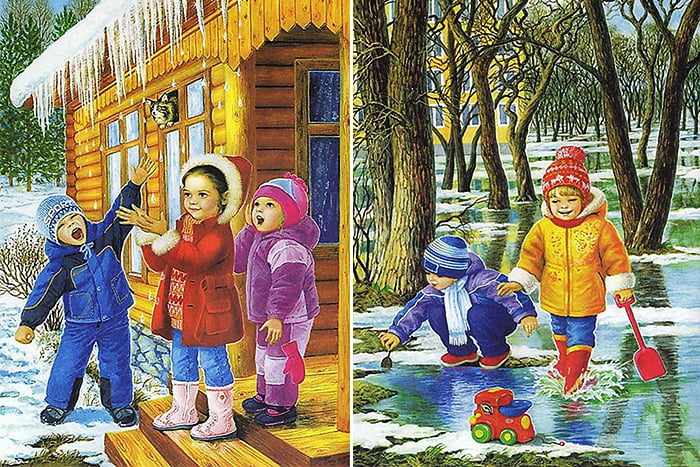 Рисунки - дети зимой и весной