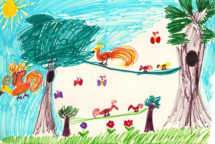Детский рисунок - птицы и бабочки летом
