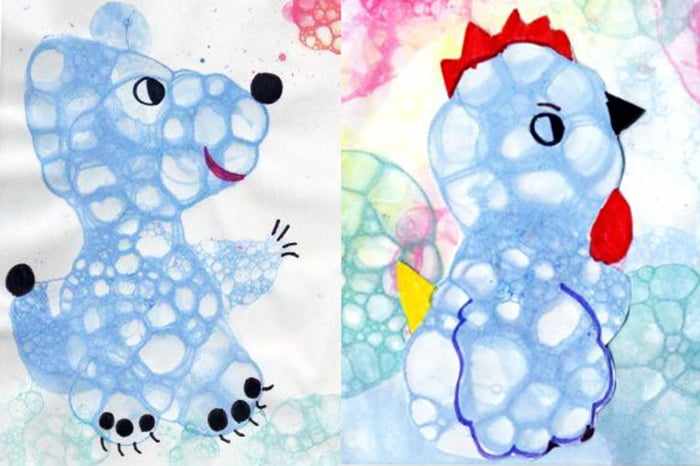 Мишка и птичка, нарисованные мыльными пузырями