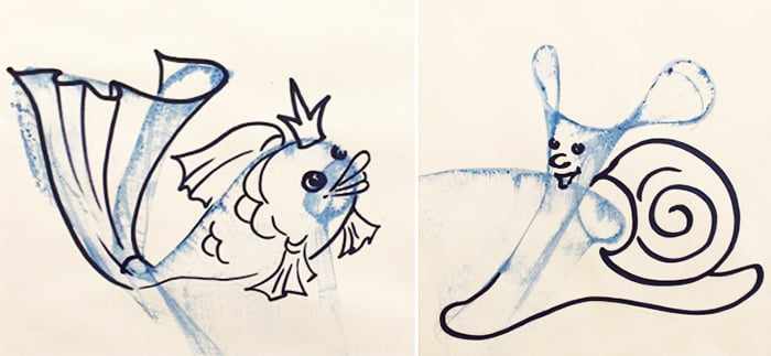 Рыбка и улитка, нарисованные нитками